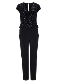 Mono negro con una parte superior de mangas cortas acentuada con lentejuelas y un fondo negro sólido. Presenta un escote en V y piernas ajustadas.