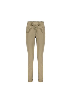 Beige lige pasform bukser med mellemhøj talje, der har fem lommer, syninger og opfoldede manchetter. Fremstillet af en bomuldsblanding.
