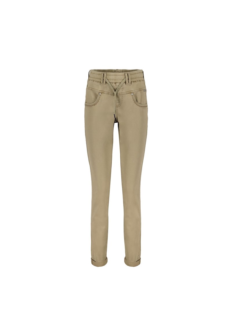 Beige lige pasform bukser med mellemhøj talje, der har fem lommer, syninger og opfoldede manchetter. Fremstillet af en bomuldsblanding.