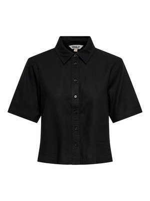 Chemise noire à manches courtes avec boutons et col, avec une étiquette "ONLY" au niveau du col.