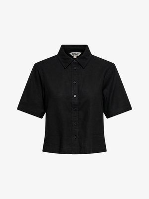 Chemise noire à manches courtes avec boutons et col, avec une étiquette "ONLY" au niveau du col.