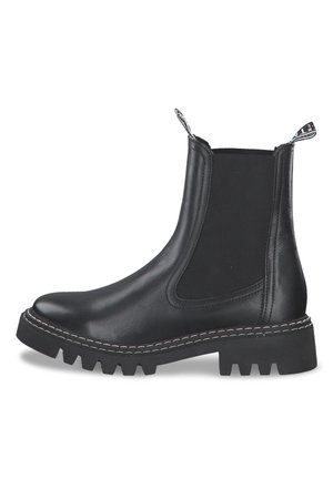 Black leather ankle boots with elastic side panels, pull tabs, and a rugged sole featuring a thick tread and contrasting white stitching.