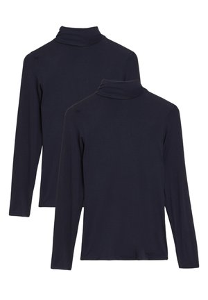 Deux chemises à col roulé bleu marine foncé, à manches longues et sans motifs, présentées à plat, l'une légèrement derrière l'autre sur un fond blanc.