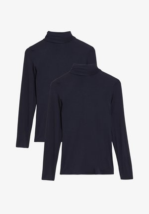 Deux chemises à col roulé bleu marine foncé, à manches longues et sans motifs, présentées à plat, l'une légèrement derrière l'autre sur un fond blanc.