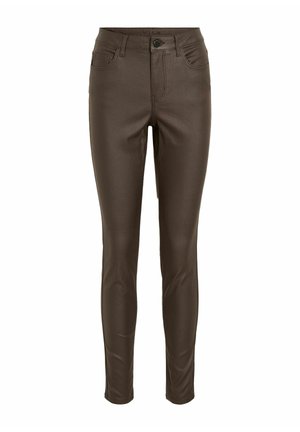 Pantalons skinny en simili cuir brun avec cinq poches, une fermeture à bouton et des détails de couture. Le tissu a une texture lisse et brillante.
