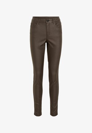 Burgundijas mākslīgās ādas stingras bikses ar piecām kabatām, pogu aizdari un šuvumiem. Audumam ir gluda, spīdīga tekstūra.