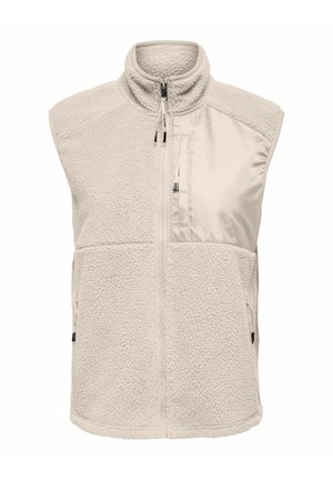 Ärmellose Weste aus cremefarbenem Fleece mit durchgehendem Reißverschluss und Reißverschlusstaschen an Brust und Seiten, mit einer Kombination aus strukturierter und glatter Stoffqualität.