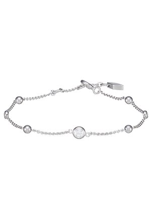 Silver chain bracelet featuring round silver beads and a central clear gemstone, with a lobster clasp closure.