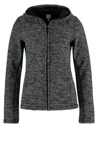 Veste zippée en maille gris foncé avec capuche, manches longues et taille cintrée, présentée sur un fond blanc uni.