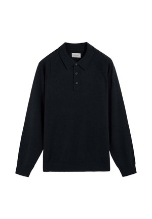 Polo negro de manga larga con tres botones y puños y dobladillo acanalados, mostrado sobre un fondo blanco.