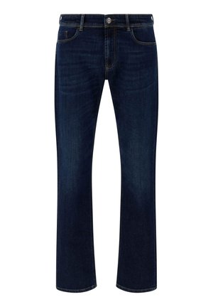 Dark blue denim jeans with a straight leg design, featuring a classic five-pocket style, subtle stitching, and a metal button closure.