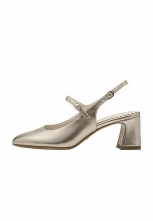 Strieborná zlatá topánka na opätku so špicatou špičkou, blokovým podpätkom vysokým 5 cm a jedným nastaviteľným remienkom s okrúhlou prackou.