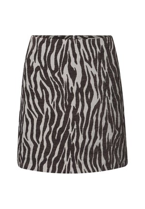 Jupe mini avec motif zèbre noir et gris, coupe droite, et fermeture éclair dissimulée à l'arrière.