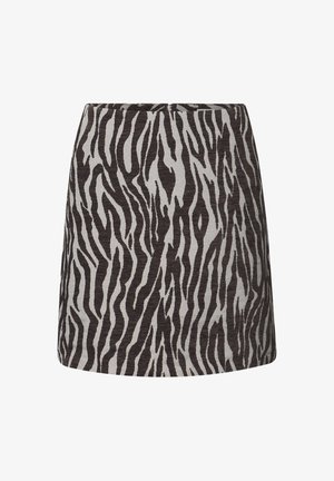 Minirock mit schwarz-grauem Zebra-Muster, gerader Schnitt und unsichtbarem Reißverschluss auf der Rückseite.