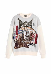 Krém színű pulóver puha anyagból, textúrált hal grafikával és színes japán karakterekkel. Hosszú ujjaival és laza szabásával kényelmes viselet.