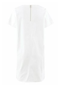 Weißes kurzes Kleid mit kurzen Ärmeln und geradem Schnitt, ausgestattet mit einem Reißverschluss hinten und einem glatten, leichten Stoff. Keine Muster oder Akzente.