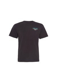 Svart bomulls t-skjorte med korte ermer og rund hals. Har en trykt logo i tyrkis på venstre brystområde.