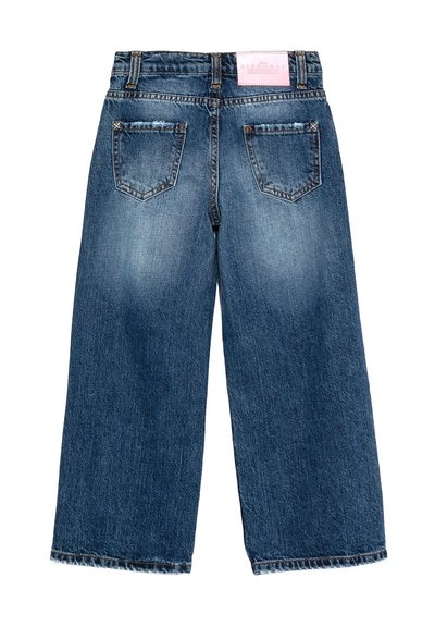 Jeans in denim a gamba larga di colore blu scuro con finitura sbiadita, caratterizzati da vita alta, orlo sfilacciato e due tasche posteriori. Etichetta rosa in vita.