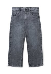 Jeans wide-leg in denim grigio con vita media, due tasche frontali e dettagli metallici sparsi sul tessuto.