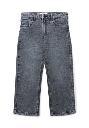 Jean en denim gris à jambes larges avec taille mi-haute, deux poches avant et des accents métalliques éparpillés sur le tissu.