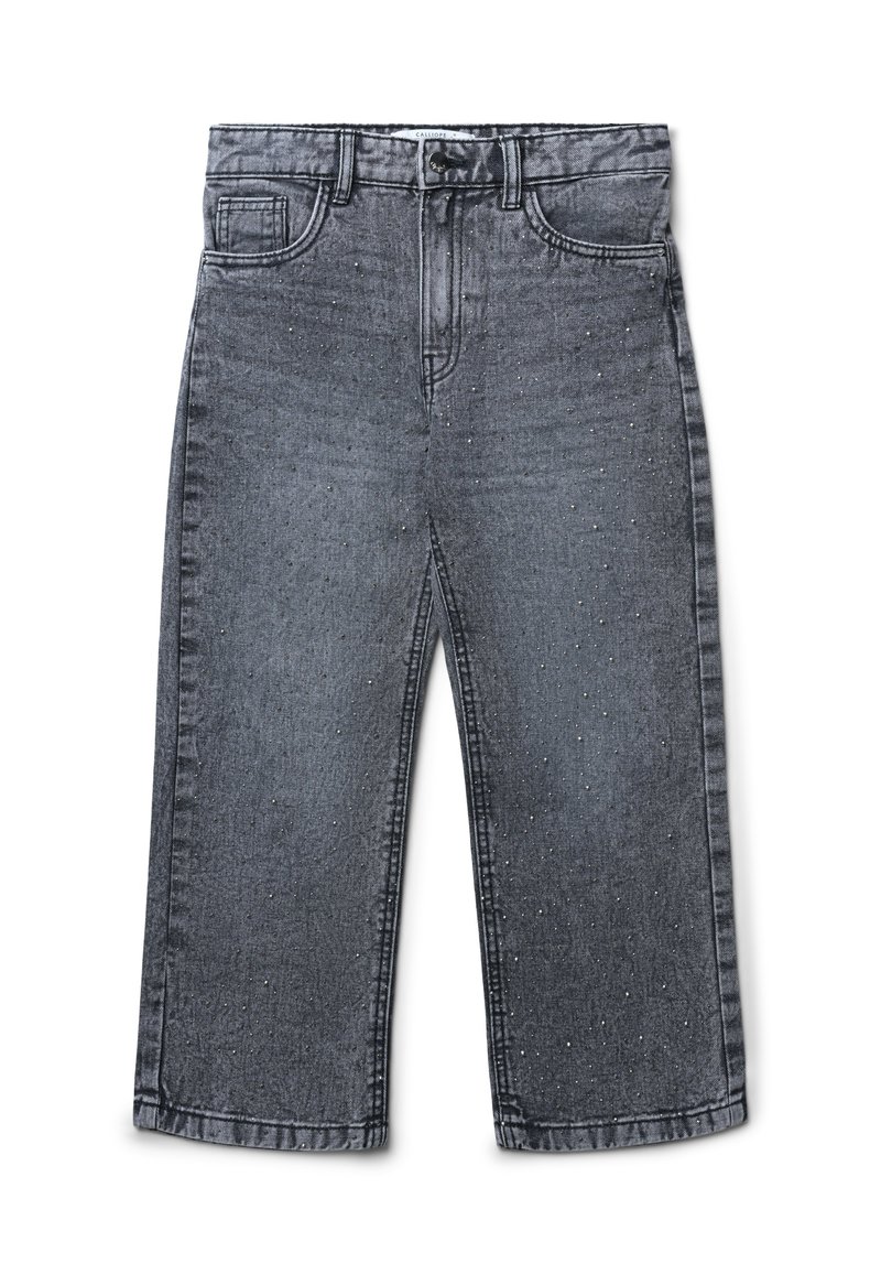 Jeans wide-leg in denim grigio con vita media, due tasche frontali e dettagli metallici sparsi sul tessuto.
