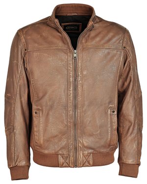 Braune Leder-Bomberjacke mit einem Reißverschluss, geripptem Kragen und Bündchen, zwei seitlichen Taschen und einer strukturierten Oberfläche.