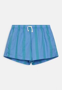 Blauwe zwembroek met verticale groene strepen, elastische tailleband met witte trekkoord en zijsplitsingen aan de zoom voor comfort.