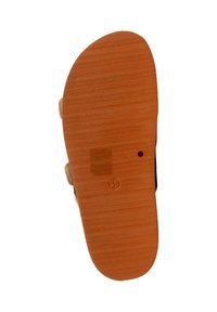 Semelle de sandale en marron clair avec un motif texturé, taille 38 indiquée, et deux brides beiges partiellement visibles sur les côtés.