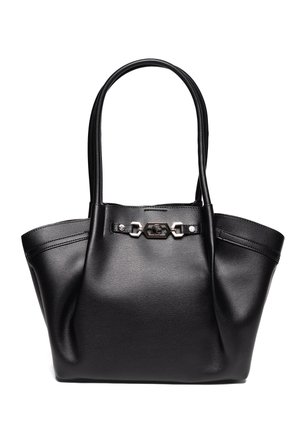 Borsa tote in pelle nera con due spallacci e una fibbia decorativa argentata al centro davanti.