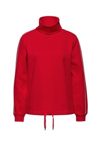 Sudadera roja de cuello alto con mangas largas, cordón en el dobladillo y rayas blancas en los laterales. Fabricada en una tela suave y texturizada.