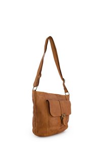 Brown leather shoulder bag with a large front flap pocket, adjustable strap, and gold-tone hardware. Soft texture, rectangular shape.