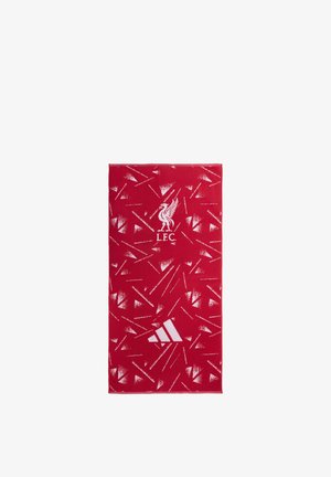 Toalla roja con formas abstractas blancas, con el logo del Liverpool Football Club y el logo de Adidas en el centro.