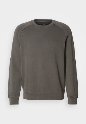 Dark gray crewneck sweatshirt with long sleeves, ribbed cuffs and hem, and subtle embroidered Marc O’Polo logo on chest.