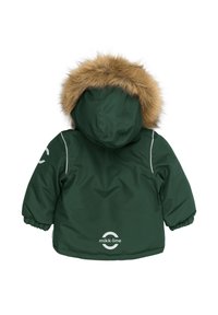 Green padded jacket featuring a removable faux fur hood, elasticized cuffs, reflective accents, and a logo on the back.