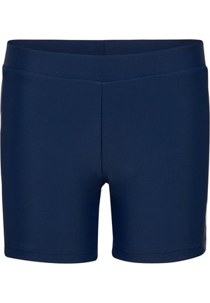 Mørkeblå svømmeshorts til midt på låret med flad linning og glat, elastisk stof.