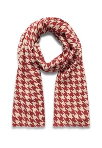 Czerwono-kremowy szalik w wzór houndstooth, wykonany z miękkiego materiału, z frędzlami na brzegach i długim, prostokątnym kształcie.