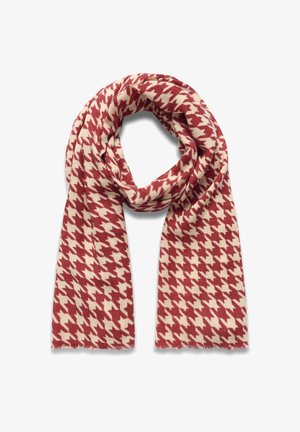 Sarkanais un krēmkrāsas houndstooth raksts šalle, izgatavota no mīksta materiāla, ar frizētiem malām un garu, taisnstūra formu.