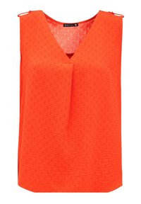 Top senza maniche di un arancione vivace, con scollo a V, tessuto texturizzato con un motivo sottile e due zip decorative sulle spalle.