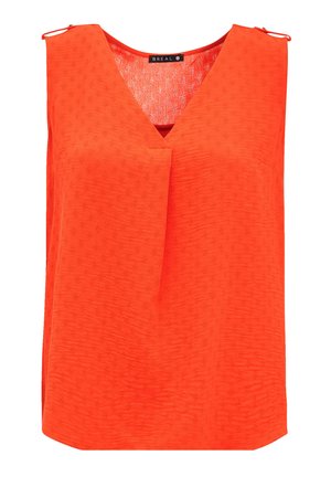 Mouwloos topje in levendig oranje, met een V-hals, textuurstof met een subtiel patroon, en twee decoratieve ritsen op de schouders.