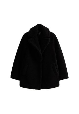 Cappotto Teddy in pelliccia sintetica nera con ampio colletto a revers, maniche lunghe e tasche laterali.