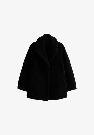 Czarny futrzany płaszcz Teddy z szerokim kołnierzem, długimi rękawami i bocznymi kieszeniami.