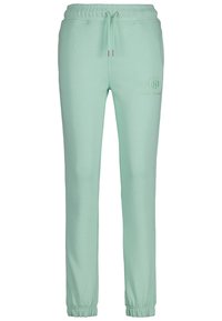 Lichtgroene joggers met elastische tailleband, koord, zijzakken, opgestroopte enkels en een subtiele geborduurde logo op de rechterdij.