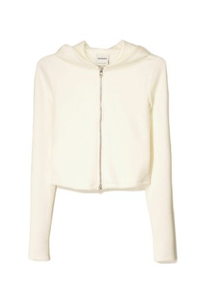Weißer, verkürzter Hoodie aus weichem Material mit Reißverschluss, langen Ärmeln und Kapuze mit Kordelzug. Minimalistisches Design ohne Muster.