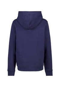 Sweatshirt à capuche bleu marine, en mélange de coton, texture lisse, poignets et ourlet côtelés, coupe standard, design uni sans logos ni motifs visibles.