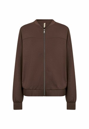 Veste bomber longue à manches brunes avec fermeture éclair à l'avant, poignets et ourlet côtelés, et col rond.