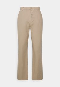 Beige katoenen broeken met een reguliere pasvorm, voorzien van een knoopsluiting, een rits en rechte pijpen. Simpel ontwerp zonder patronen of versieringen.