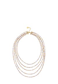 Wielowarstwowy naszyjnik z kolorowymi koralikami w odcieniach fioletu, pomarańczu i żółci. Złocone elementy, z zapięciem i regulowaną długością łańcuszka.