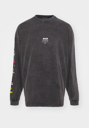 Long-sleeve charcoal gray cotton sweatshirt featuring a white logo on the chest and colorful graphic accent on the sleeves. Round neckline.