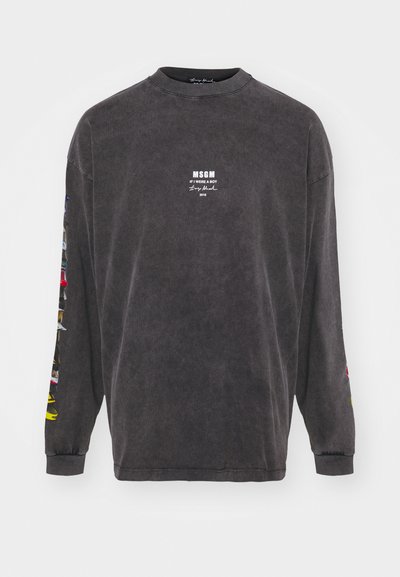 Long-sleeve charcoal gray cotton sweatshirt featuring a white logo on the chest and colorful graphic accent on the sleeves. Round neckline.