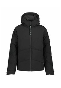 Schwarze Daunenjacke mit Kapuze, ausgestattet mit einem Reißverschluss vorne und seitlichen Taschen. Die horizontale Steppnaht erzeugt eine gesteppten Textur.